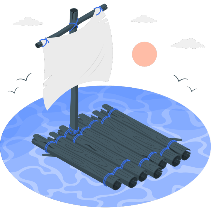 Image is of a rough made raft at sea but there's no one on it!
