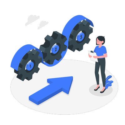 Image of a person with a clipboard standing next to cogs. A blue arrow shows the interweaving intended workflow. Image is processing in Amico style by Storyset