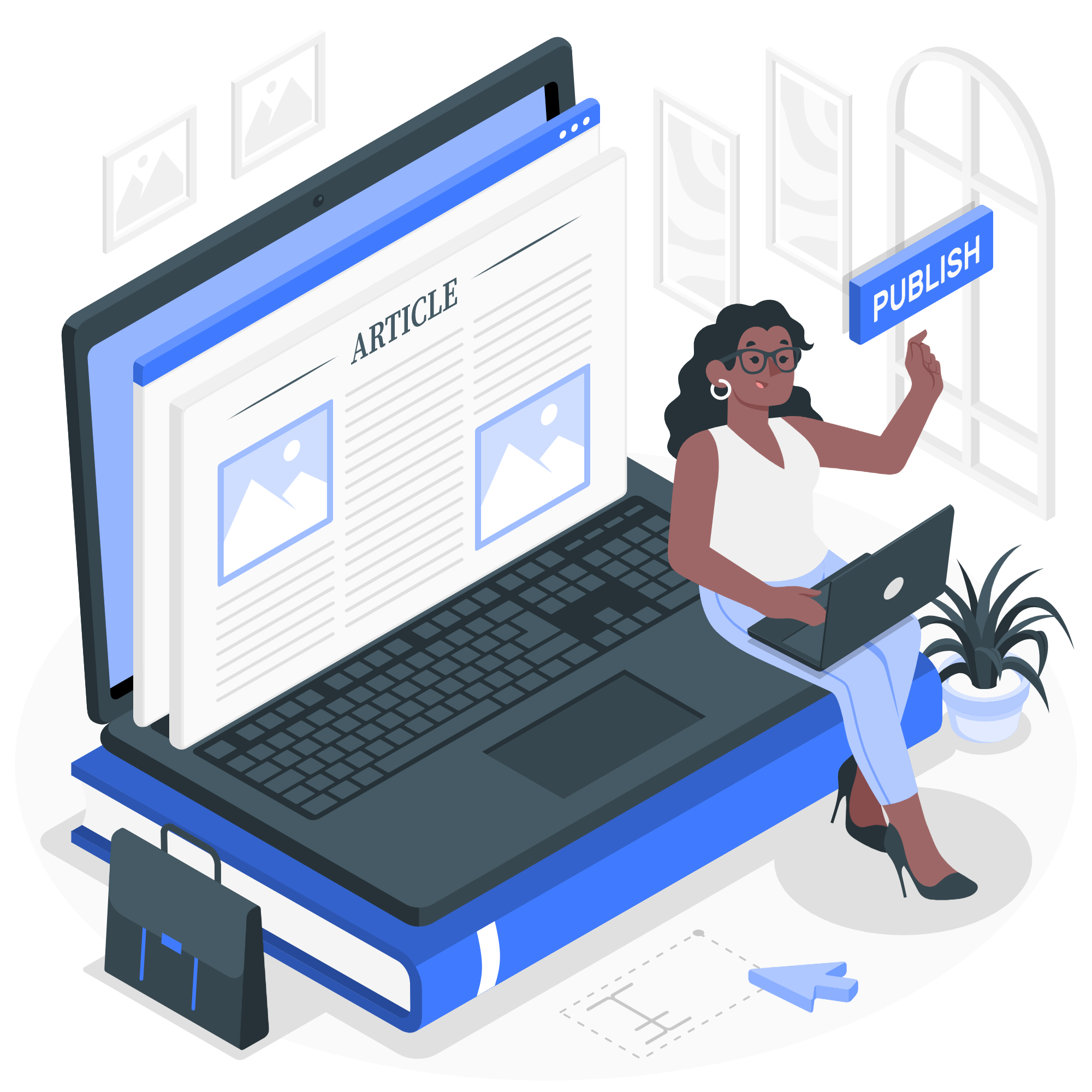 A graphic of a woman sitting on the corner of her laptop. On the screen is an article, and she is about to touch a floating icon marked Publish