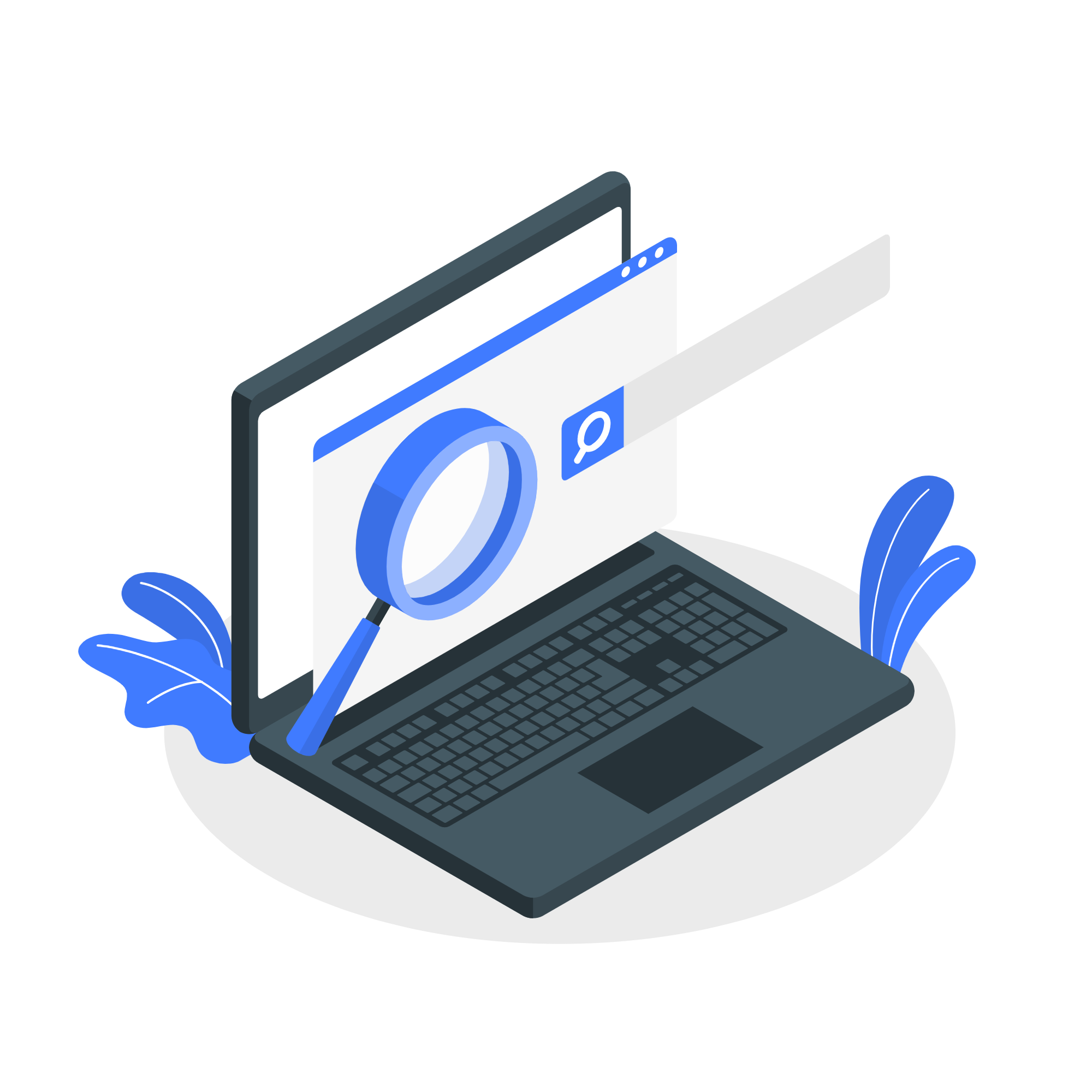 Stylized image of blue laptop with a magnifying glass signaling a search engine. 