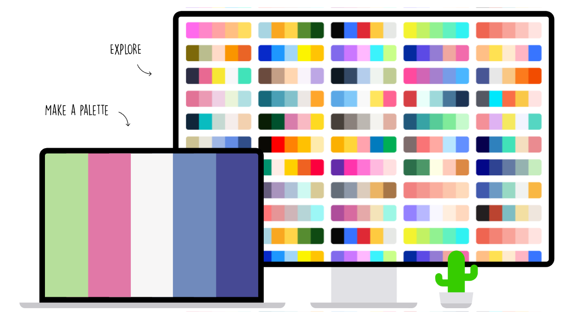 Image from the website Coolors that shows a monitor covered with colour boards and in the front a tablet with a large bar colour board showing. 