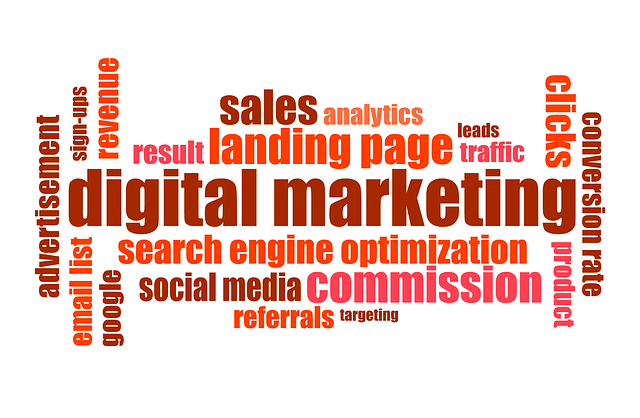 A page with words relating to digital marketing arranged around. Some of the words included in the pile are "digital marketing", "landing page" and "sales".