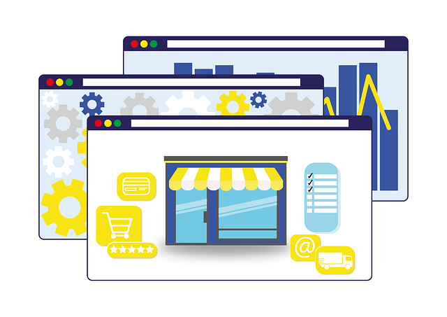 Graphics of multiple generic browser shopfronts with shopping cart icons and trucks and a checklist.