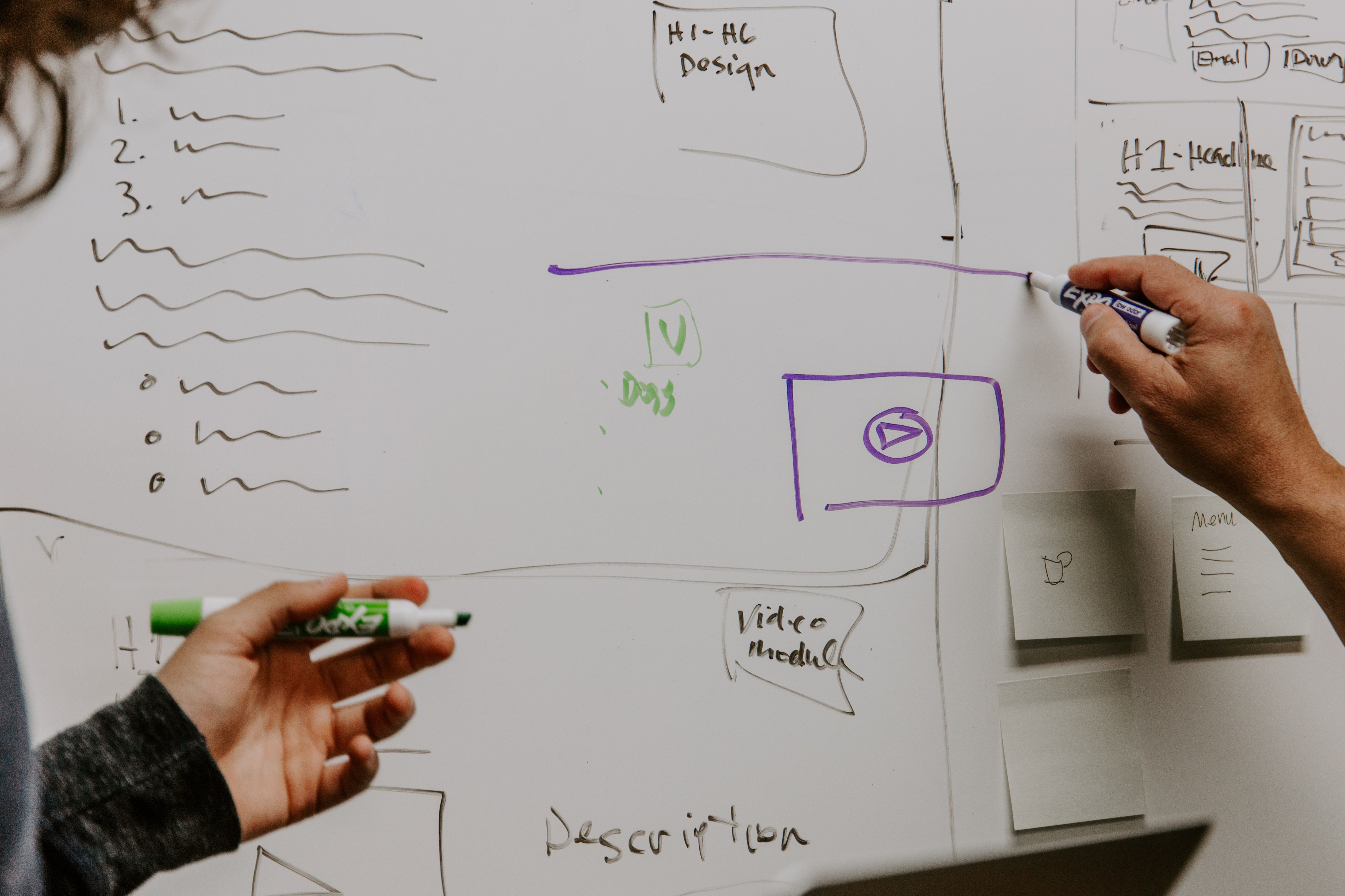 A photo of a two hands drawing on a whiteboard. It looks like a project design or web page.